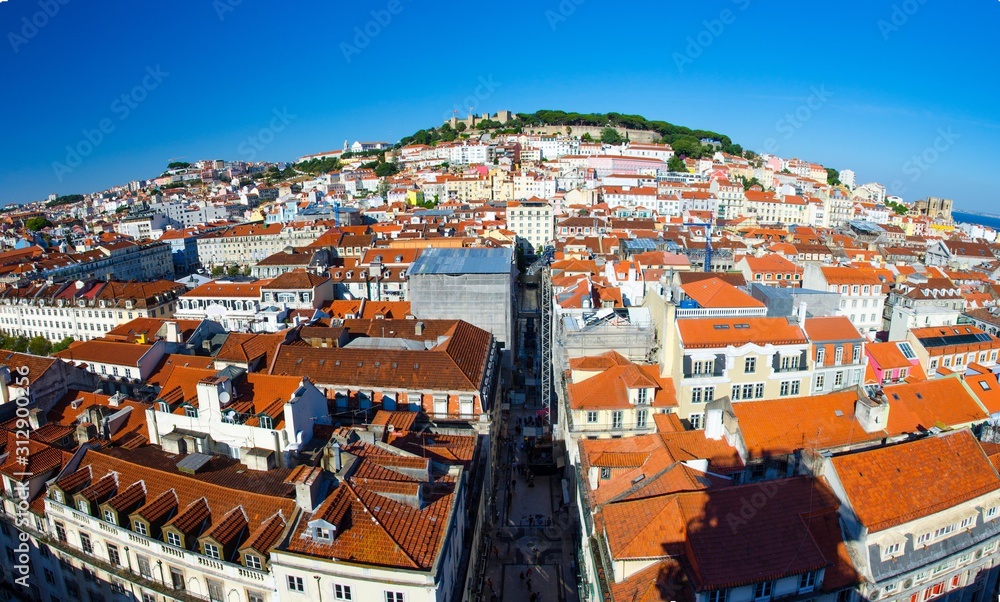 Portugal, panoramic view of Lisbon in summer, Lisbon fortress hill сlose-up, touristic centre of Lisbon, St. George's medieval Castle in Lisbon, forest on the highest hill in Lisbon
