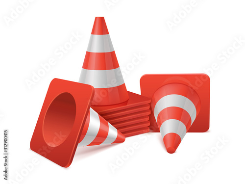 Realistic vector set of plastic road cones in various positions.