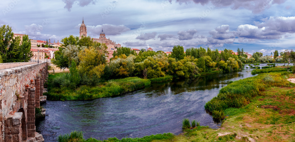 Beautiful picturesque panoramic view of the Salamanca Cathedral and landscape over Tormes river. Spain.