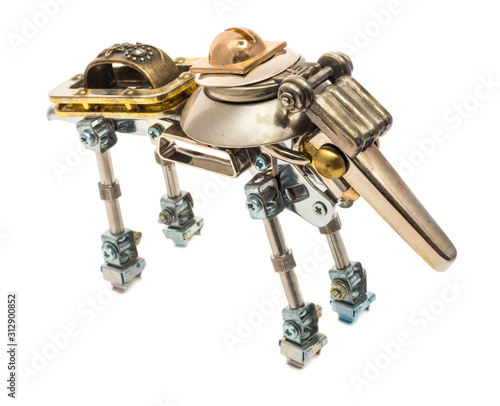 Steampunk robot. Cyberpunk style. Chrome and bronze parts. Isolated on white.