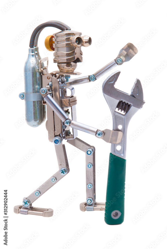 Steampunk robot holding adjustable wrench. Chrome and bronze parts. Isolated on white. Steampunk robot holding adjustable wrench. Chrome and bronze parts. Isolated on white.