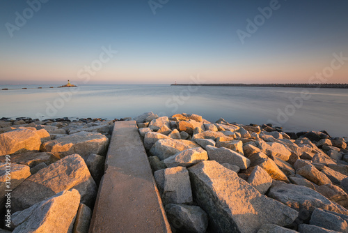 Stony breakwaters on the Baltic Sea in the morning  Gdansk  Poland