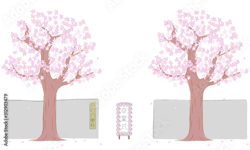 桜の木と学校の正門