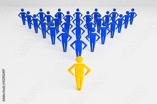 Concept leader of the business team indicates the direction of the movement towards the goal. Crowd of blue men goes for the leader of the gold color. 3D rendering