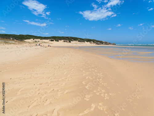 Sand dunes line the banks of the Bushman s River estuary where it meets the Southern Ocean.