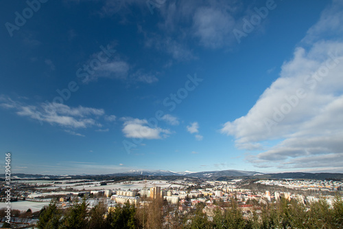 Winter Trutnov with fresh snow and mountains view