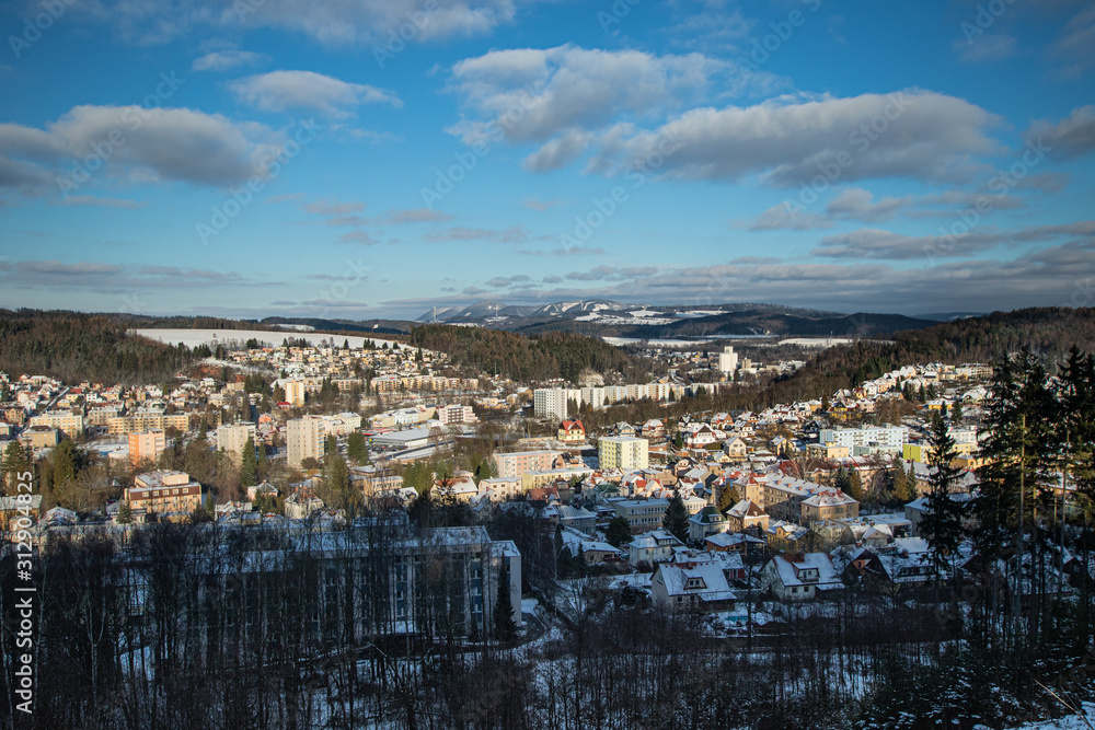 Winter Trutnov with fresh snow and mountains view