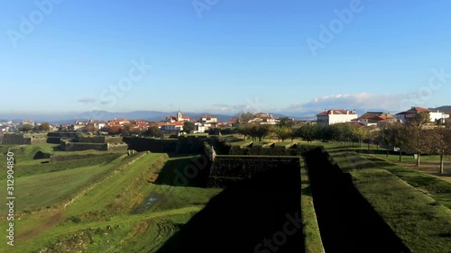 Aerial wiew of the Beautiful City of Valenca Portugal and Vast View of Area. Flying above Valenca Do Minho,  Ascending Forward