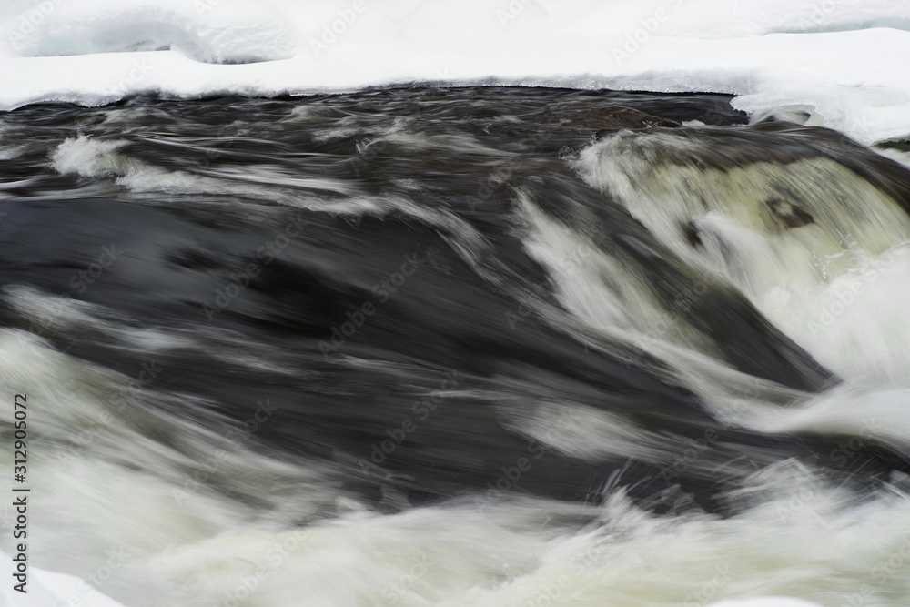 Water flowing in a rapid in winter, bordered by snow and ice