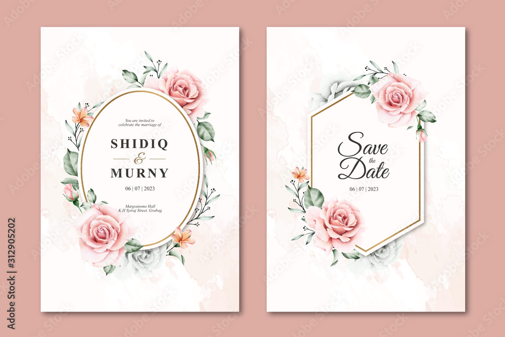 Beautiful wedding invitation template with floral frame watercolor