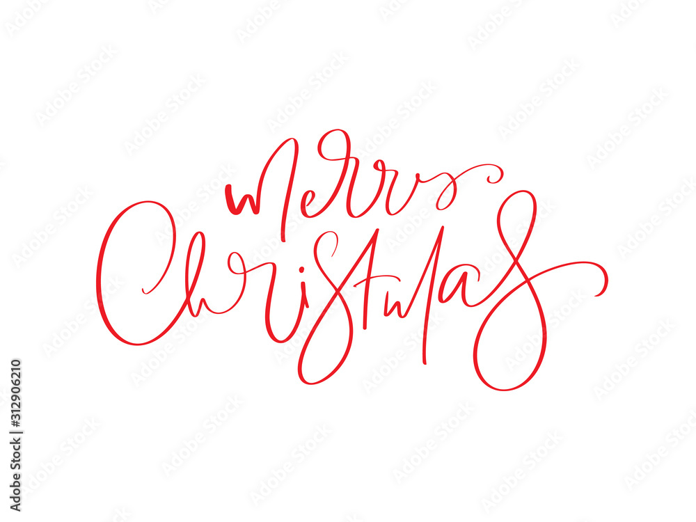 Merry Christmas red vector Calligraphic Lettering text for design greeting cards. Holiday Greeting Gift Poster. Calligraphy modern Font