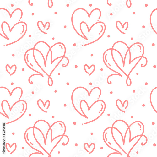 Cute monoline hearts seamless vector pattern. Valentines Day background. Marker drawn different heart shapes and dots. Hand drawn ornament love