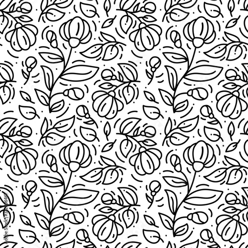 Floral monoline seamless pattern background, textile printing. Hand drawn endless vector illustration of flowers on light background. Flower theme. Summer collection