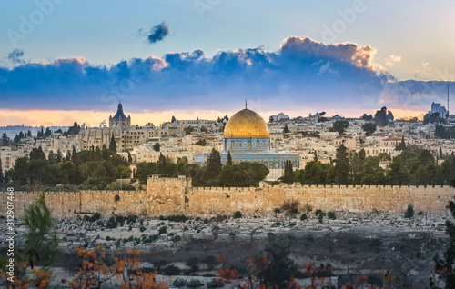 Jerusalem Temple Mount at sunset seen from Mount of Olives