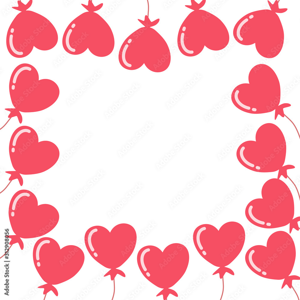 Frame with red balloon hearts isolate on white background, for valentine, vector illustration