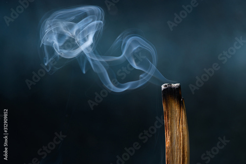 Bild auf Leinwand Palo Santo, Bursera graveolens, holy sacred tree stick, burning with aroma smoke