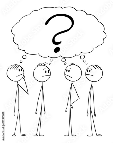Vector cartoon stick figure drawing conceptual illustration of group of men or businessmen thinking about problem, searching for solution. Business concept of brainstorming and teamwork.