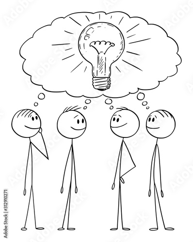 Vector cartoon stick figure drawing conceptual illustration of group of men or businessmen found problem solutionsolution. Business concept of success, innovation, brainstorming and teamwork.