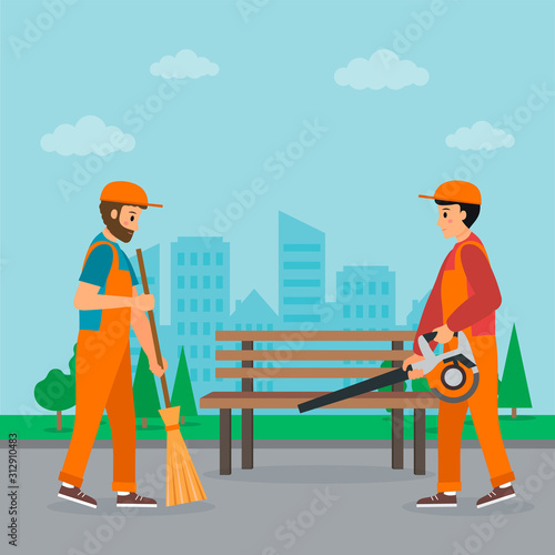 Cleaning service concept. Two janitors sweep the street with cityscape background. The first one is holding the broom, another one is holding garden blower. Flat style. Vector illustration
