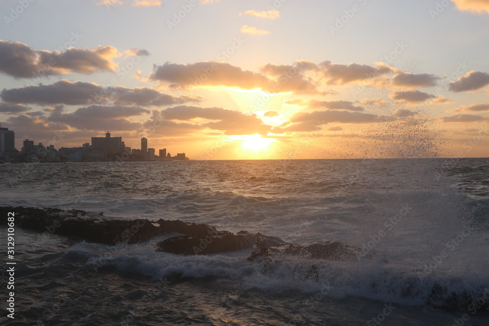 Sunset of Malecon in Habana, Cuba.