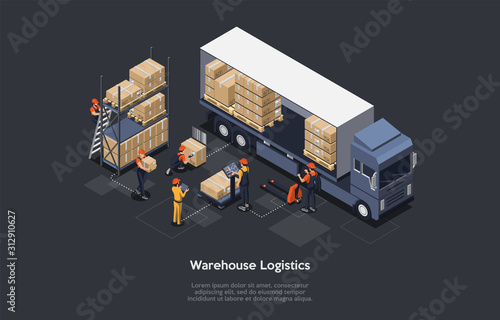Isometric warehouse logistics concept. Modern interior of warehouse, loading and unloading process of delivery vehicles. Equipment for cargo delivery. Vector illustration