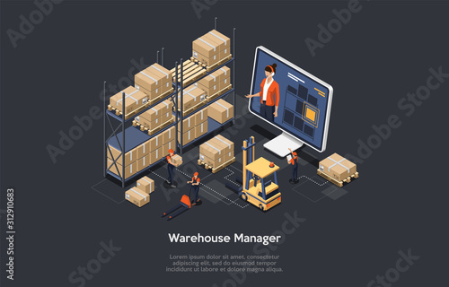 Photo Isometric warehouse online manager concept