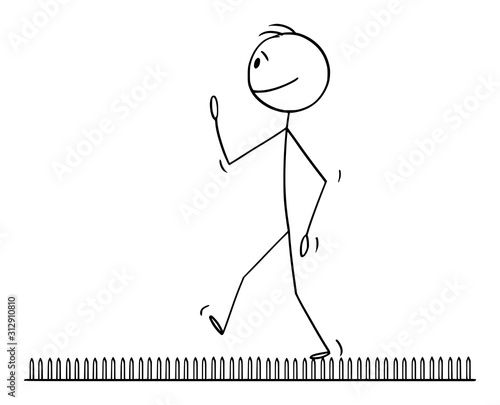 Vector cartoon stick figure drawing conceptual illustration of man or businessman walking on nails or fakir bed. Business concept of achievement, challenge, problem and success.