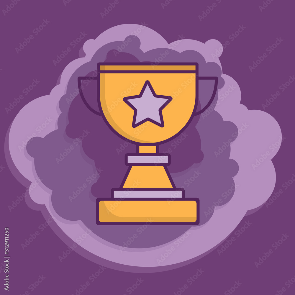 Golden flat style goblet. Star on the goblet. Violet bubbles on a background Golden flat style goblet. Star on the goblet. Violet bubbles on a background