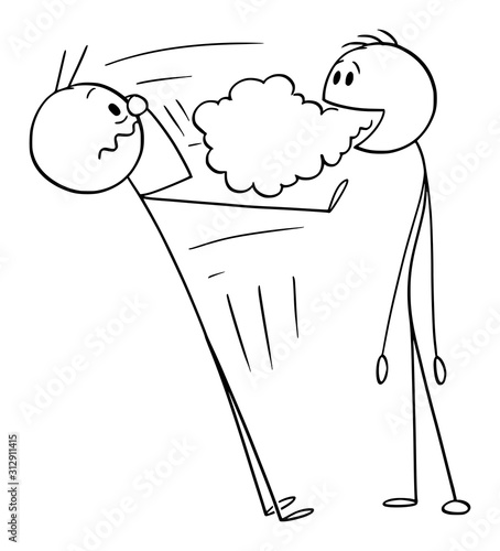 Vector cartoon stick figure drawing conceptual illustration of man with bad breath, bad smell is coming from his mouth.