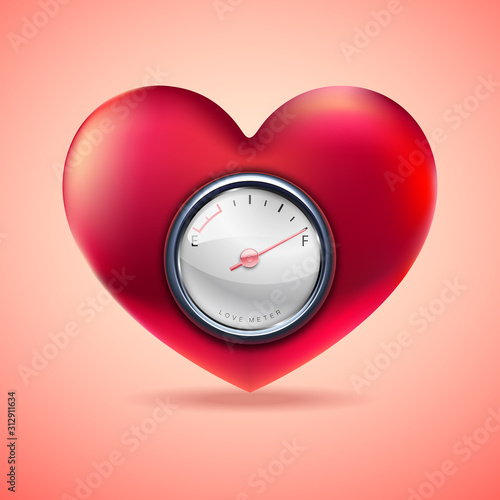 Red heart with fuel gauge, Love heart indicator, Measuring love icon, Vector Illustration 