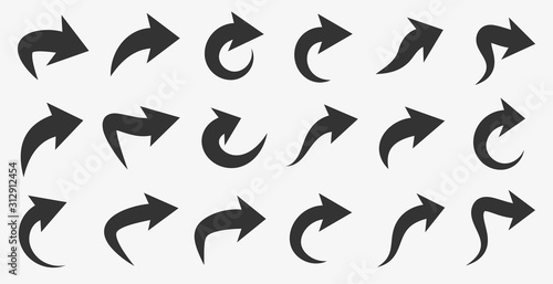 Set of grey curved arrows isolated on white background.