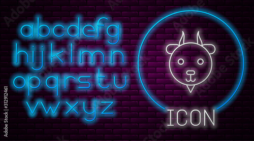 Glowing neon line Aries zodiac sign icon isolated on brick wall background. Astrological horoscope collection. Neon light alphabet. Vector Illustration