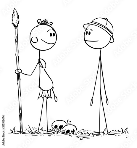 Vector cartoon stick figure drawing conceptual illustration of native cannibal man talking with European or Western Traveler or Tourist.