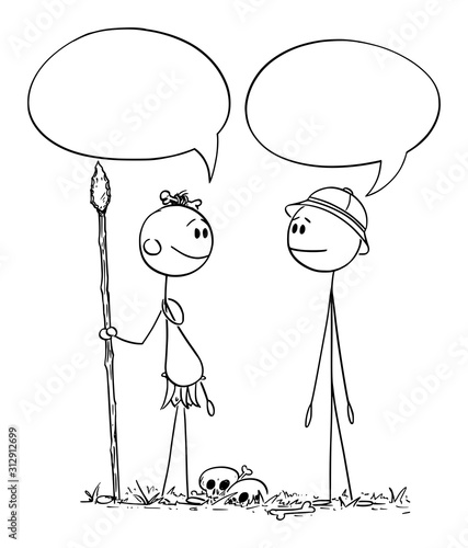 Vector cartoon stick figure drawing conceptual illustration of native cannibal man talking with European or Western Traveler or Tourist.