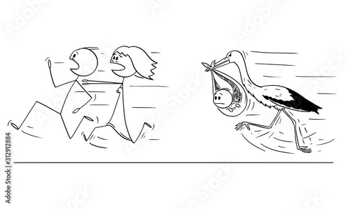 Vector cartoon stick figure drawing conceptual illustration of couple of man and woman running away from stork carrying baby. Concept of postponing or rejecting parenthood. photo