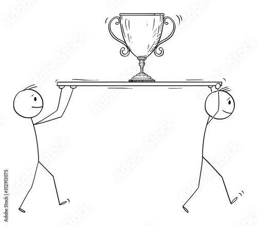 Vector cartoon stick figure drawing conceptual illustration of two successful men or businessmen carrying or holding big winner trophy or victory reward cup. Concept of business success.