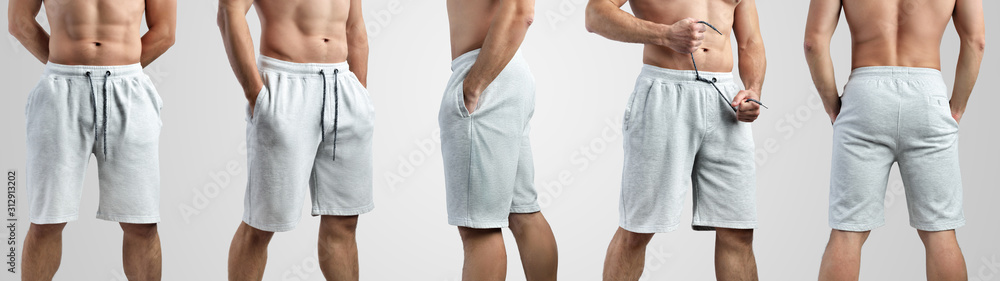 Mockup of white shorts on a man on an isolated background. - obrazy, fototapety, plakaty 