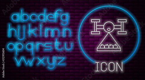 Glowing neon line Smart farm with drone control collects harvest icon isolated on brick wall background. Innovation technology for agricultural company. Neon light alphabet. Vector Illustration