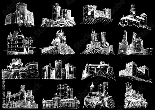 Graphical set of castles isolated on black background, vector engraved illustration