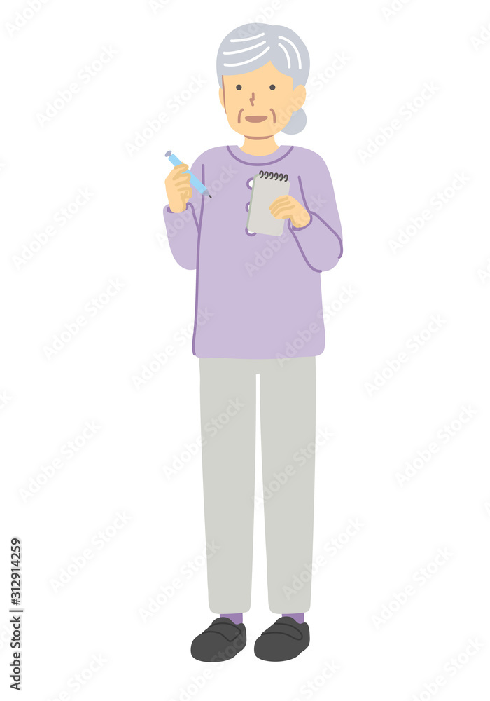 紫の服を着たメモをとるシニア女性