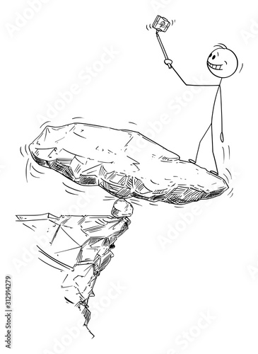 Vector cartoon stick figure drawing conceptual illustration of man taking dangerous photo selfie on unstable high rock risking his life, because he can fall down.