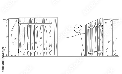 Vector cartoon stick figure drawing conceptual illustration of man or businessman standing behind open gate inviting to go inside or enter.