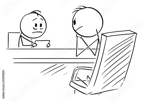 Vector cartoon stick figure drawing conceptual illustration of man on job interview or employee facing his boss or employee.