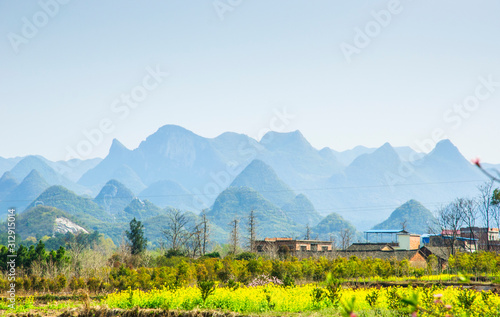 Countryside landscape with mountain in spring