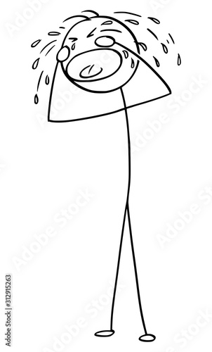 Vector cartoon stick figure drawing conceptual illustration of crying man or businessman. Concept of sorrow or depression or stress or sadness.