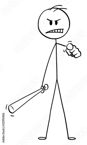 Vector cartoon stick figure drawing conceptual illustration of angry man or businessman with baseball bat pointing at viewer.