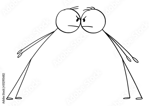 Vector cartoon stick figure drawing conceptual illustration of confrontation of two angry men or businessmen facing each other face to face.