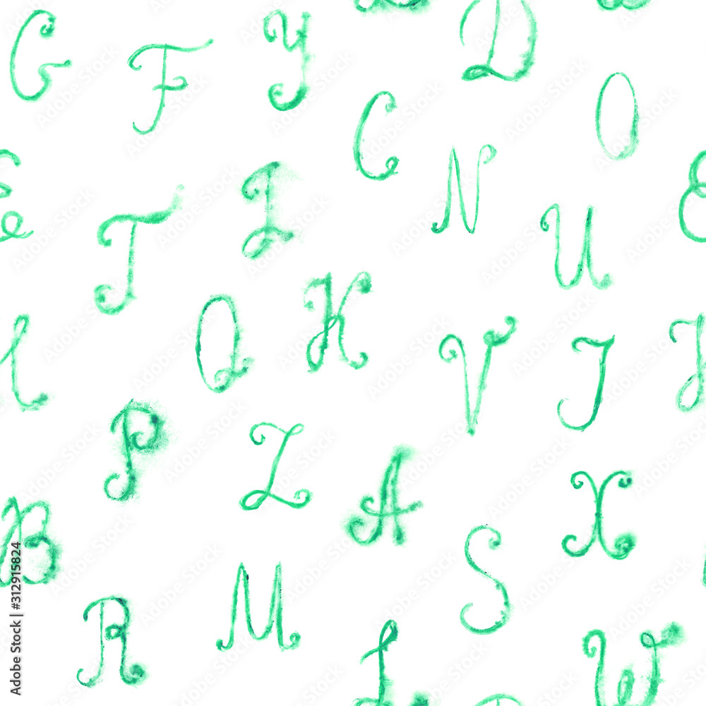 Handwritten uppercase seamless pattern isolated on white. Jade watercolor alphabet with liquid spreads isolated on white. Green letters with an emerald shade Handwritten uppercase seamless pattern isolated on white. Jade watercolor alphabet with liquid spreads isolated on white. Green letters with an emerald shade