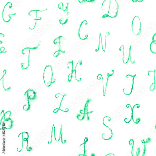 Handwritten uppercase seamless pattern isolated on white. Jade watercolor alphabet with liquid spreads isolated on white. Green letters with an emerald shade