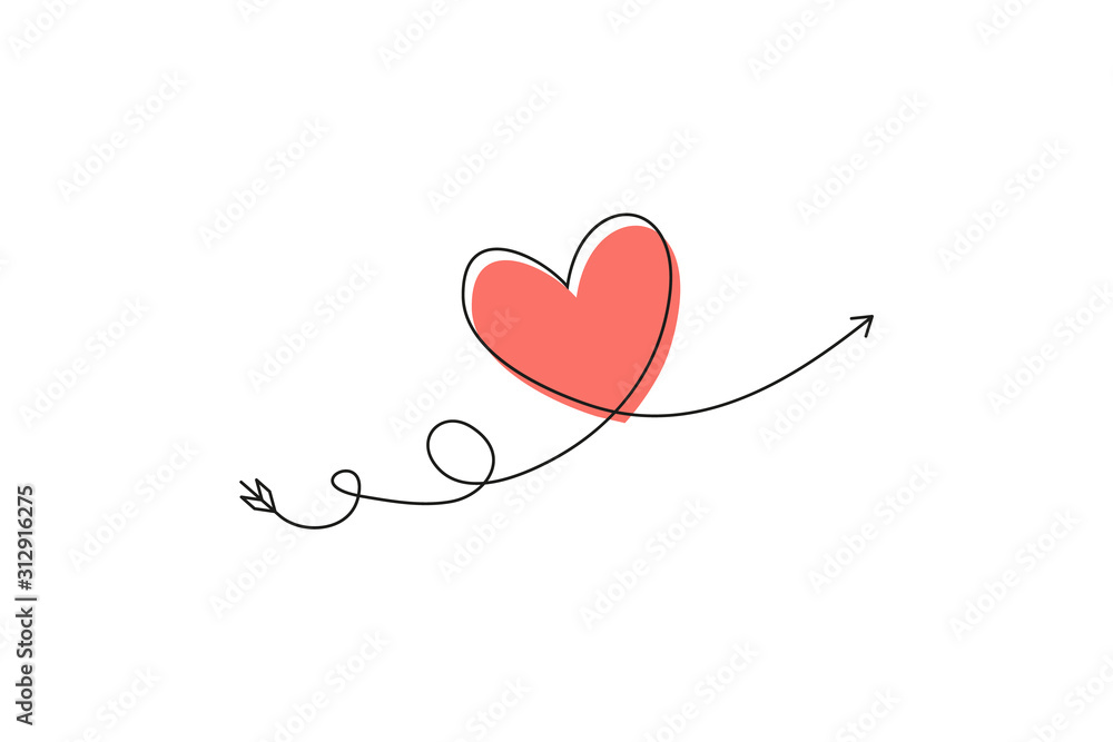 Cupid s arrow in the continuous drawing of lines in the form of a heart and the text love in a flat style. Continuous black line. Work flat design. Symbol of love and tenderness.